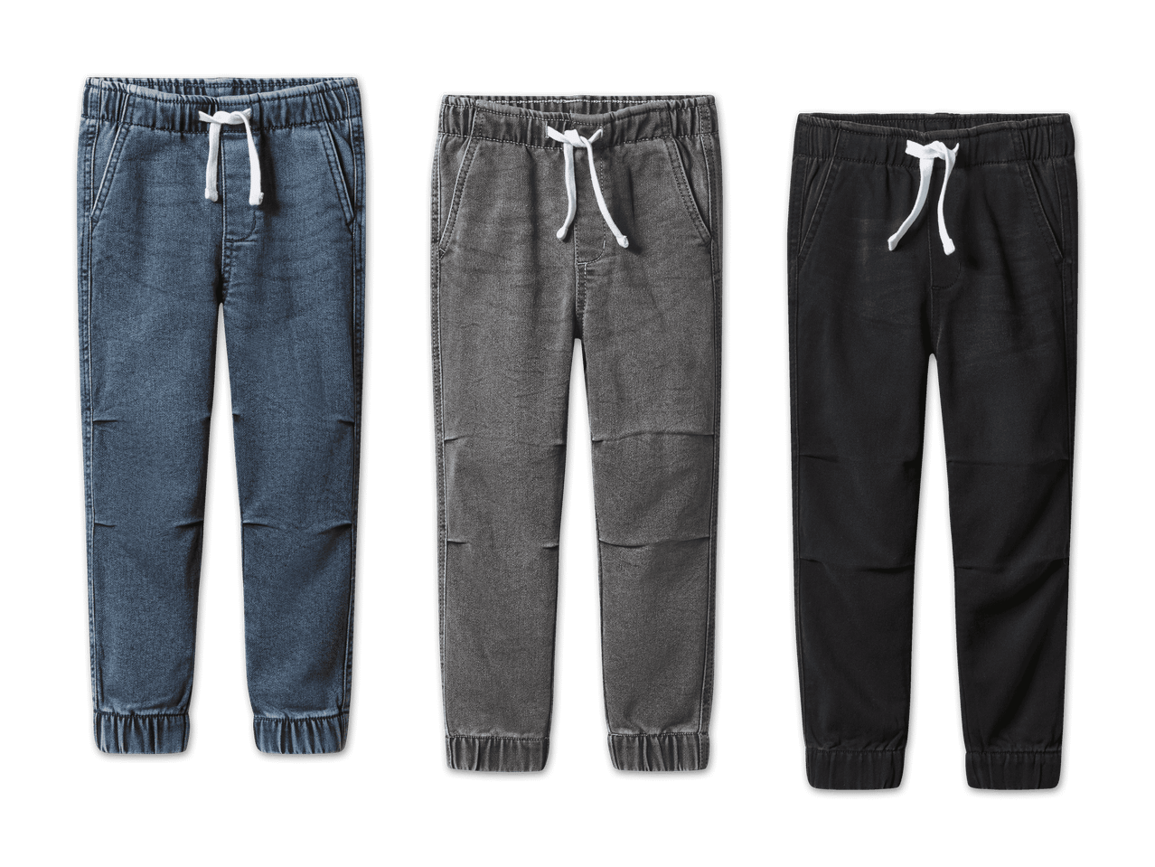 Drei Paar Jogger-Jeans in Blau, Grau und Schwarz.