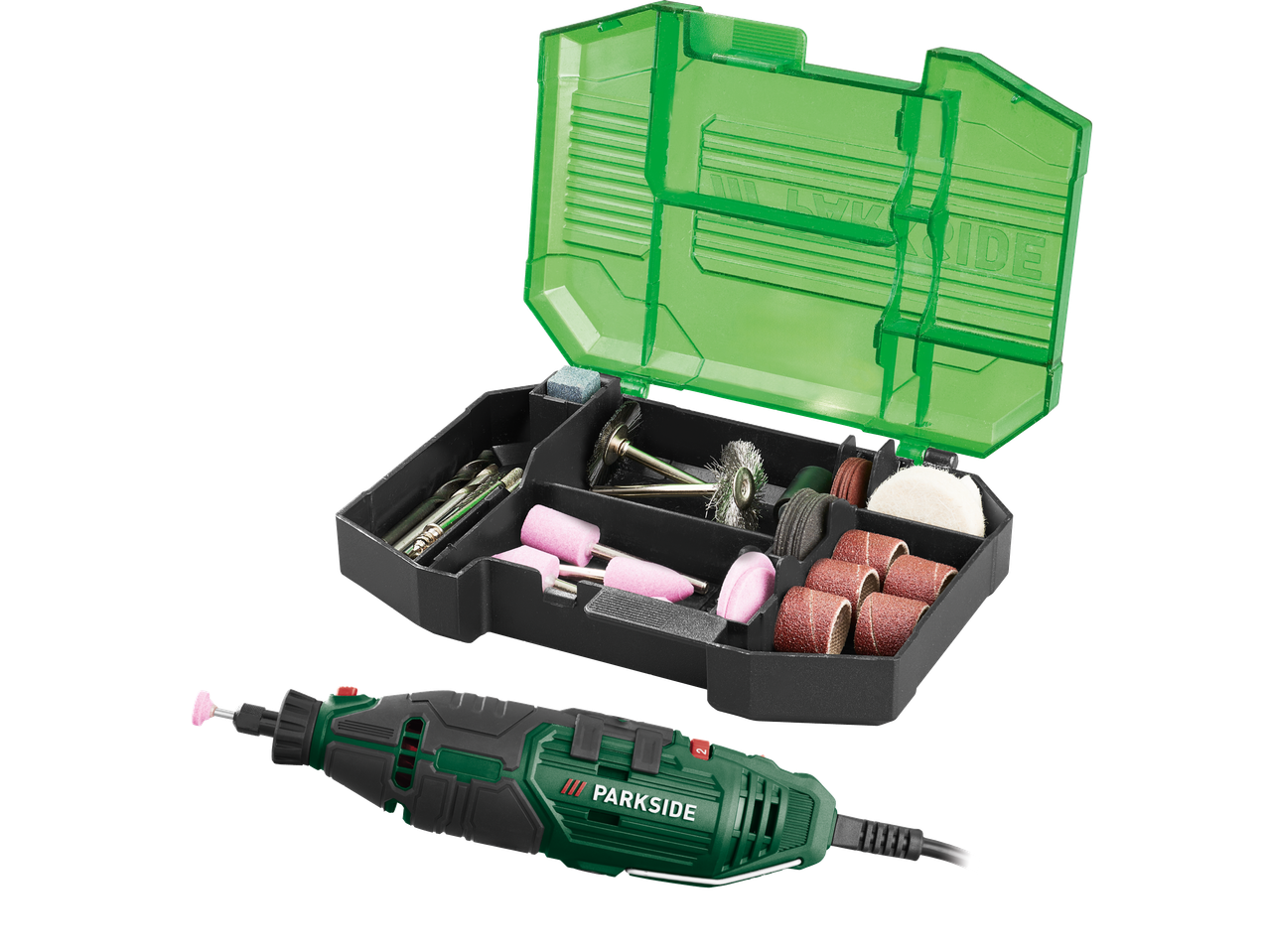 Multiverktyg med tillbehörssats i en grön och svart förvaringslåda.