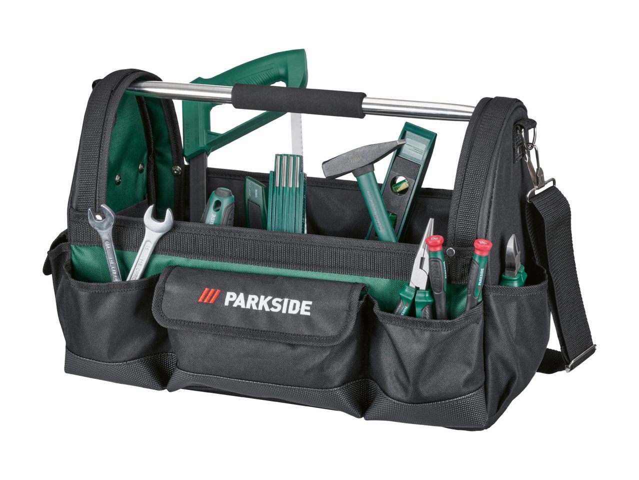 Tool bag with various hand tools including wrenches, saw, hammer, and pliers.