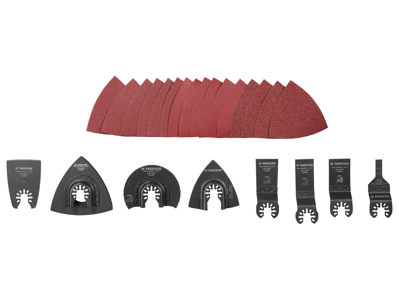 Acessórios para ferramenta multifuncional PARKSIDE: um conjunto de lixas e várias lâminas de serra (HCS, BIM, Carbide).