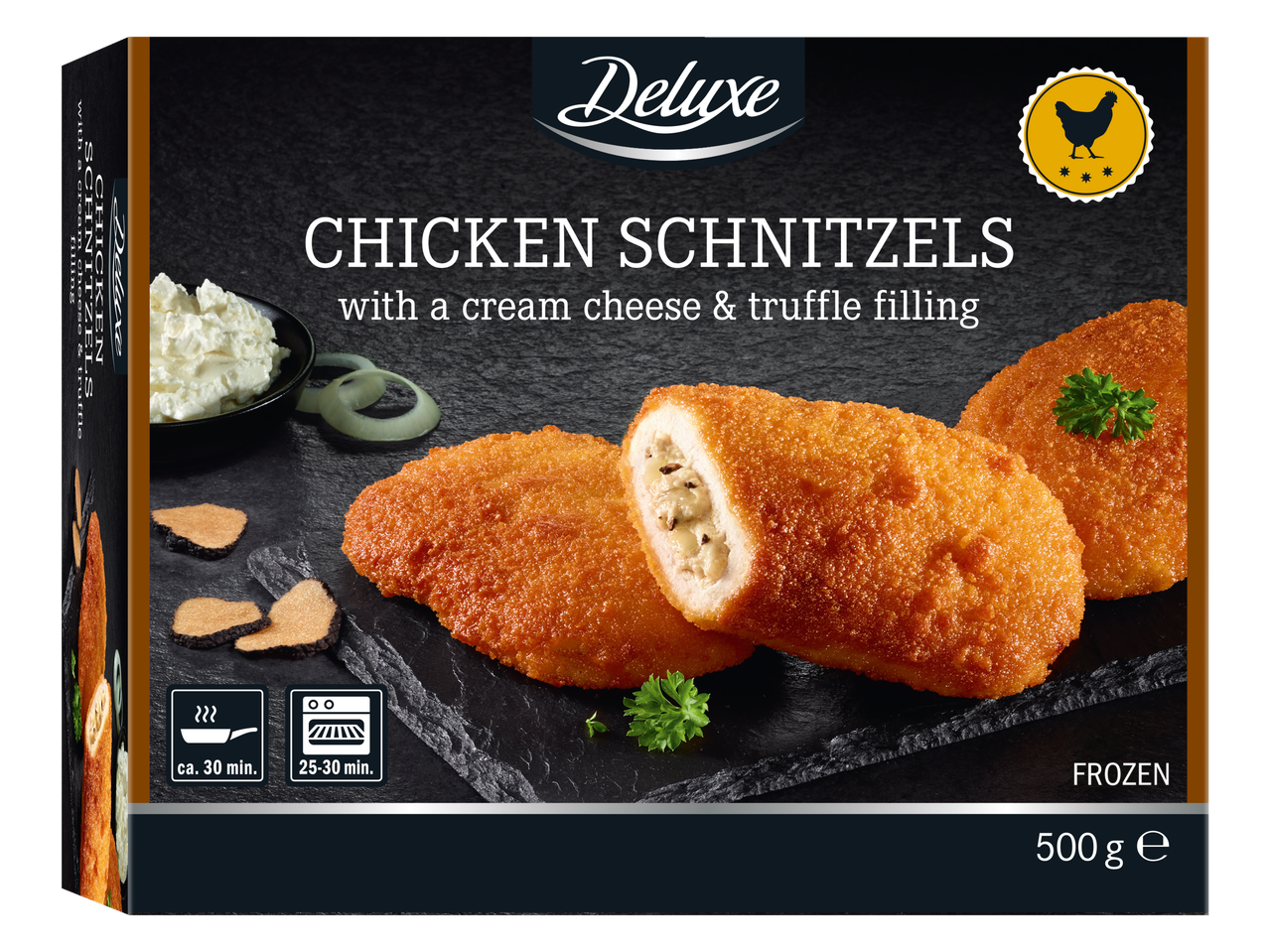 Deluxe vistas šniceles ar krēmsiera un trifeļu pildījumu, 500 g, saldētas.