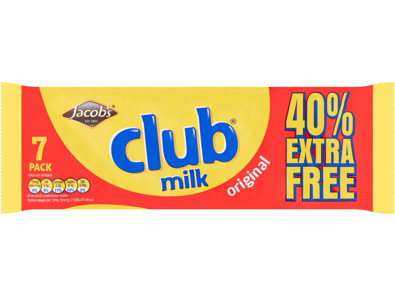 A pack of seven Jacobs Club Milk Original biscuits, boasting 40% extra free.