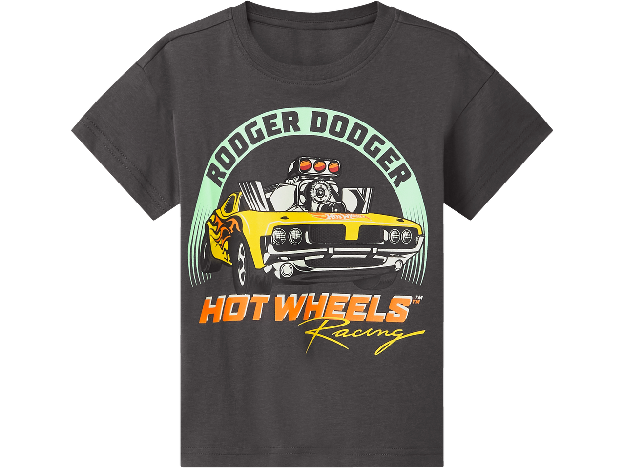 Tamsiai pilki marškinėliai su geltono Hot Wheels lenktyninio automobilio atspaudu ir tekstu „RODGER DODGER“.