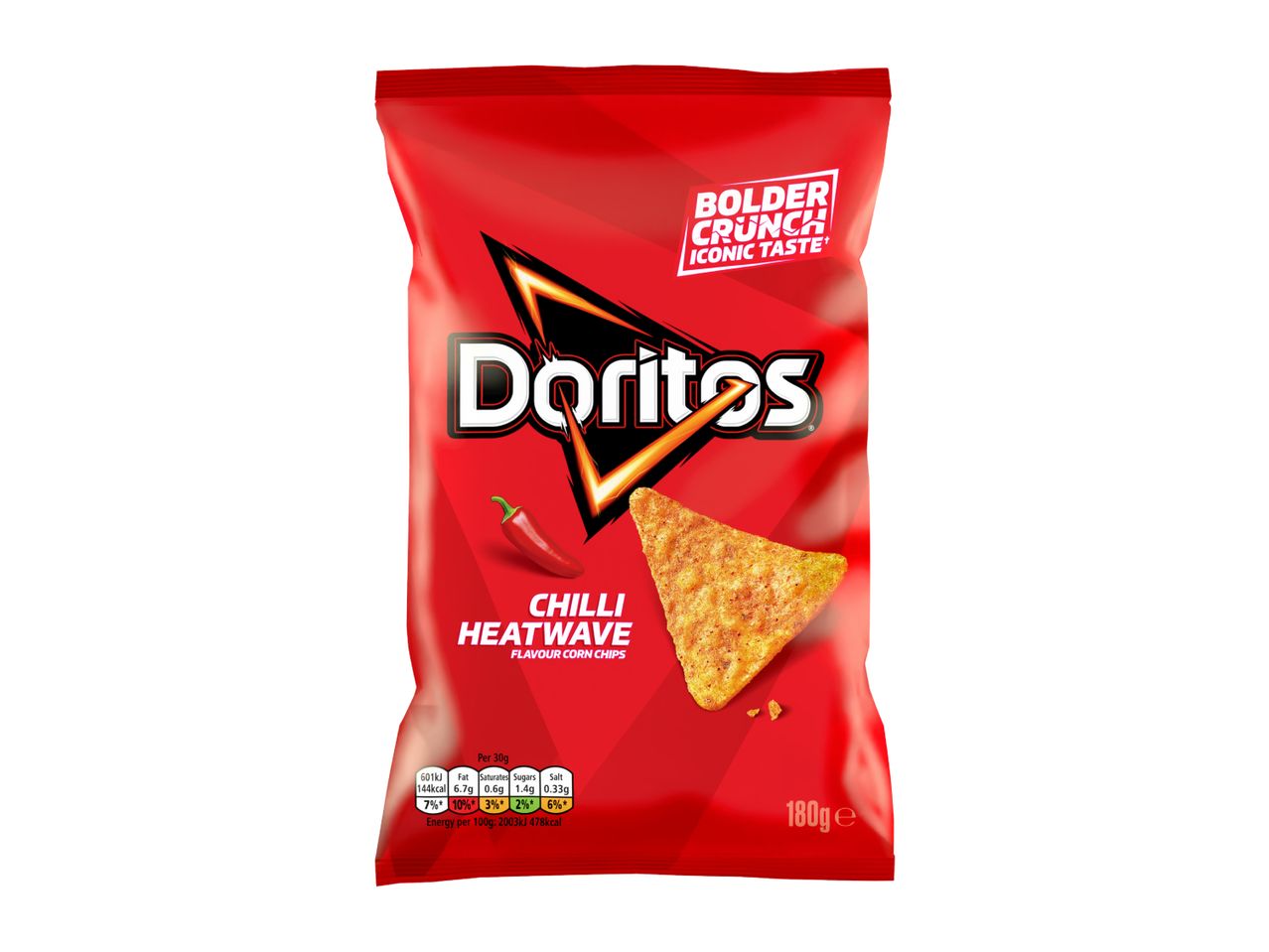 Red bag of chilli-flavored corn chips with a single chip and a red chili pepper.