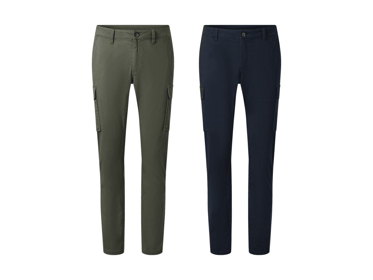 Zwei Paar Cargohosen, eine olivgrüne und eine dunkelblaue.