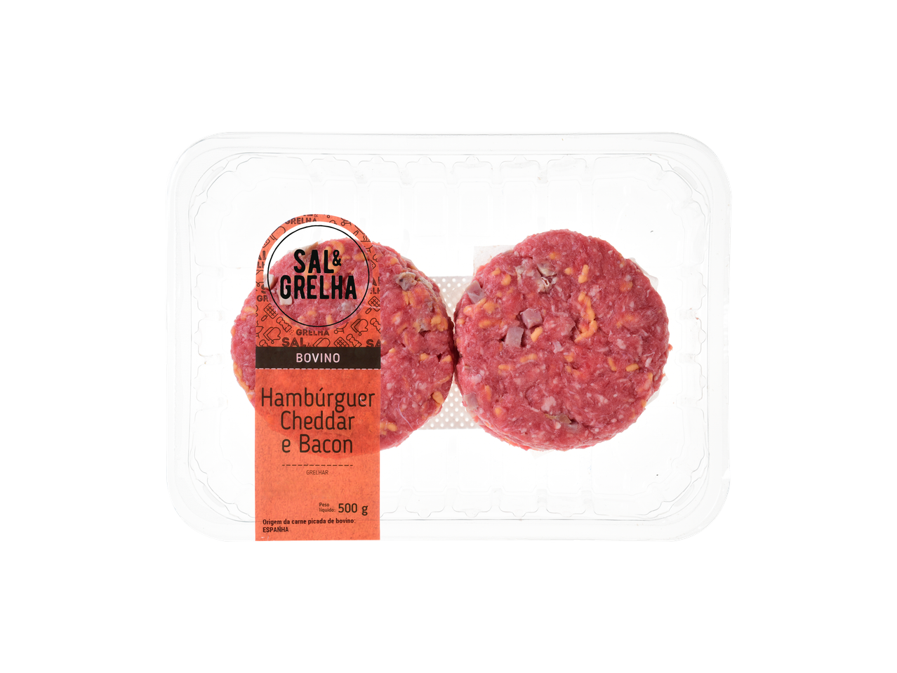Dois hambúrgueres de carne bovina crus com cheddar e bacon numa bandeja de plástico, rotulados como 'Hambúrguer Cheddar e Bacon'