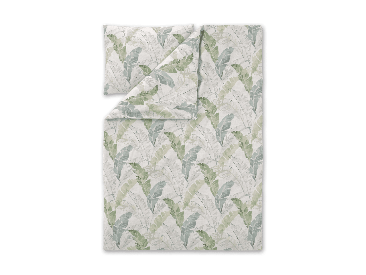 Bettwäsche-Set mit Kissenbezug und Bettbezug, verziert mit einem Muster aus grünen und blauen Blättern.