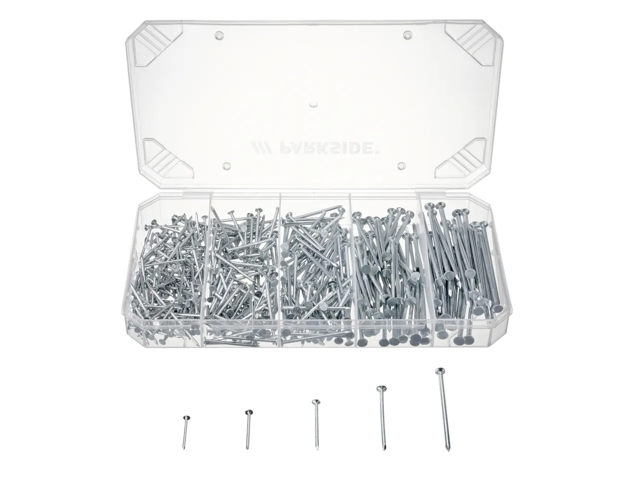 PARKSIDE® DIY Assortment: Clear box with various sizes of nails, five nails displayed below.