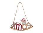 Wooden Christmas decoration with 'Xmas' text, Santa Claus, and a bird, hanging on a rope.