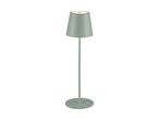 Gulvlampe med grågrøn skærm og base, der lyser opad.