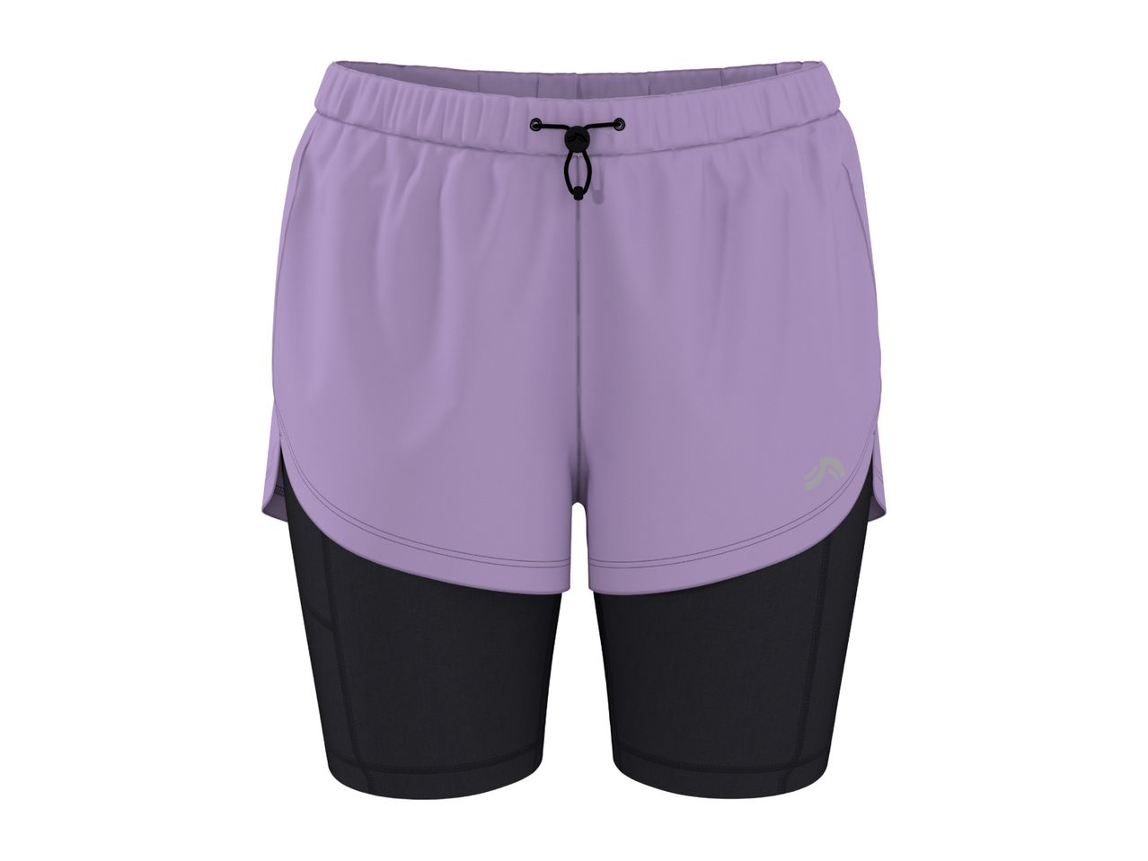 Purple and black two-in-one athletic shorts with an elastic waistband and drawstring.
