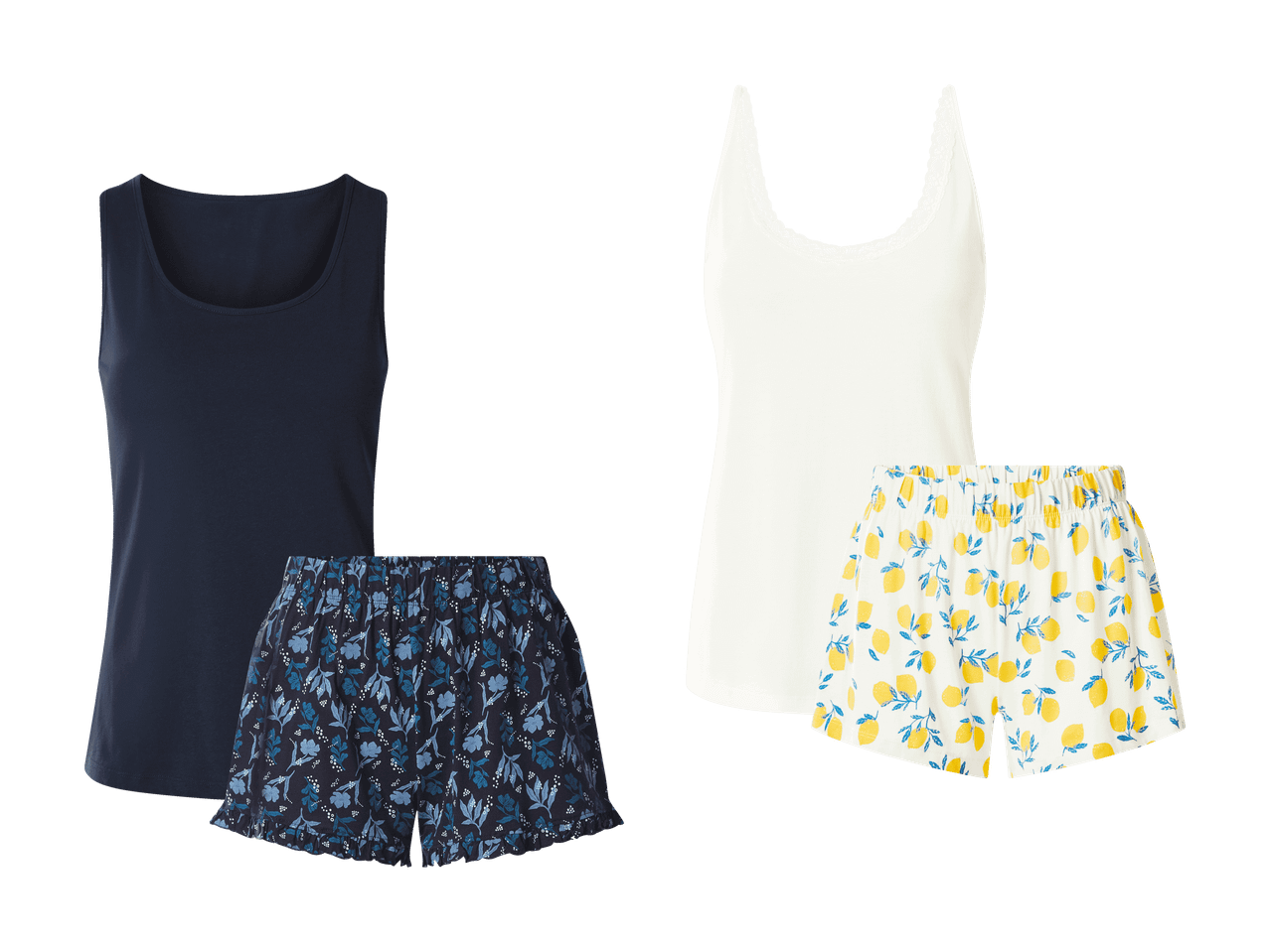Zwei Pyjama-Sets: ein dunkelblaues mit Blumenmuster und ein cremefarbenes mit Zitronenmuster.