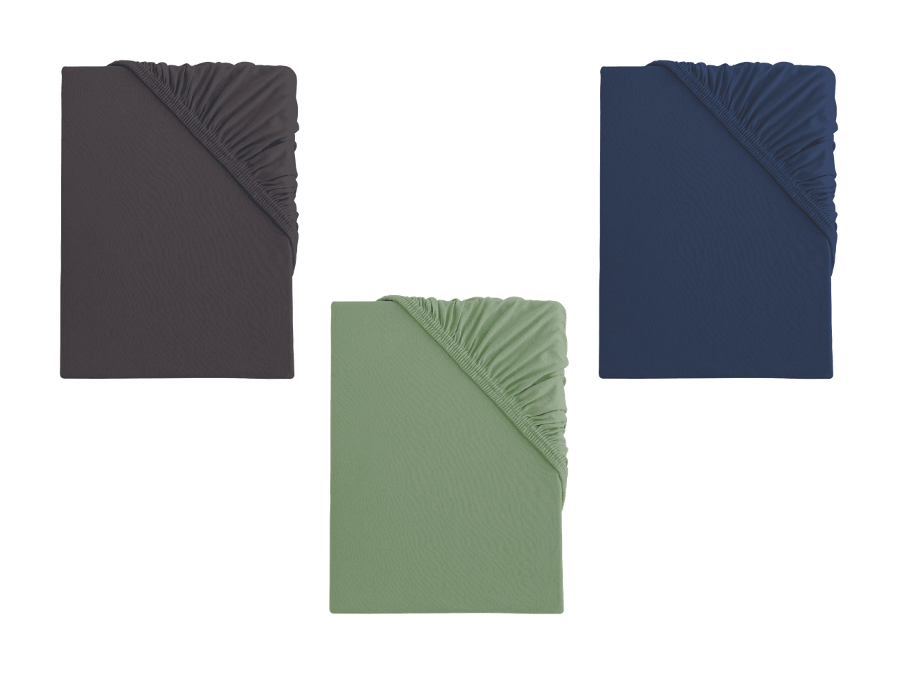 Trois draps-housses pliés en gris, vert et bleu.