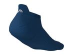 A single navy blue ankle sock with a white logo on the heel, viewed from the side.