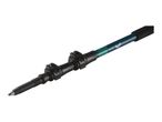 A close-up of a black and teal trekking pole, featuring a twist-lock adjustment system.