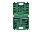 A green screwdriver set with various sizes of screwdrivers and bits, organized in an open case.