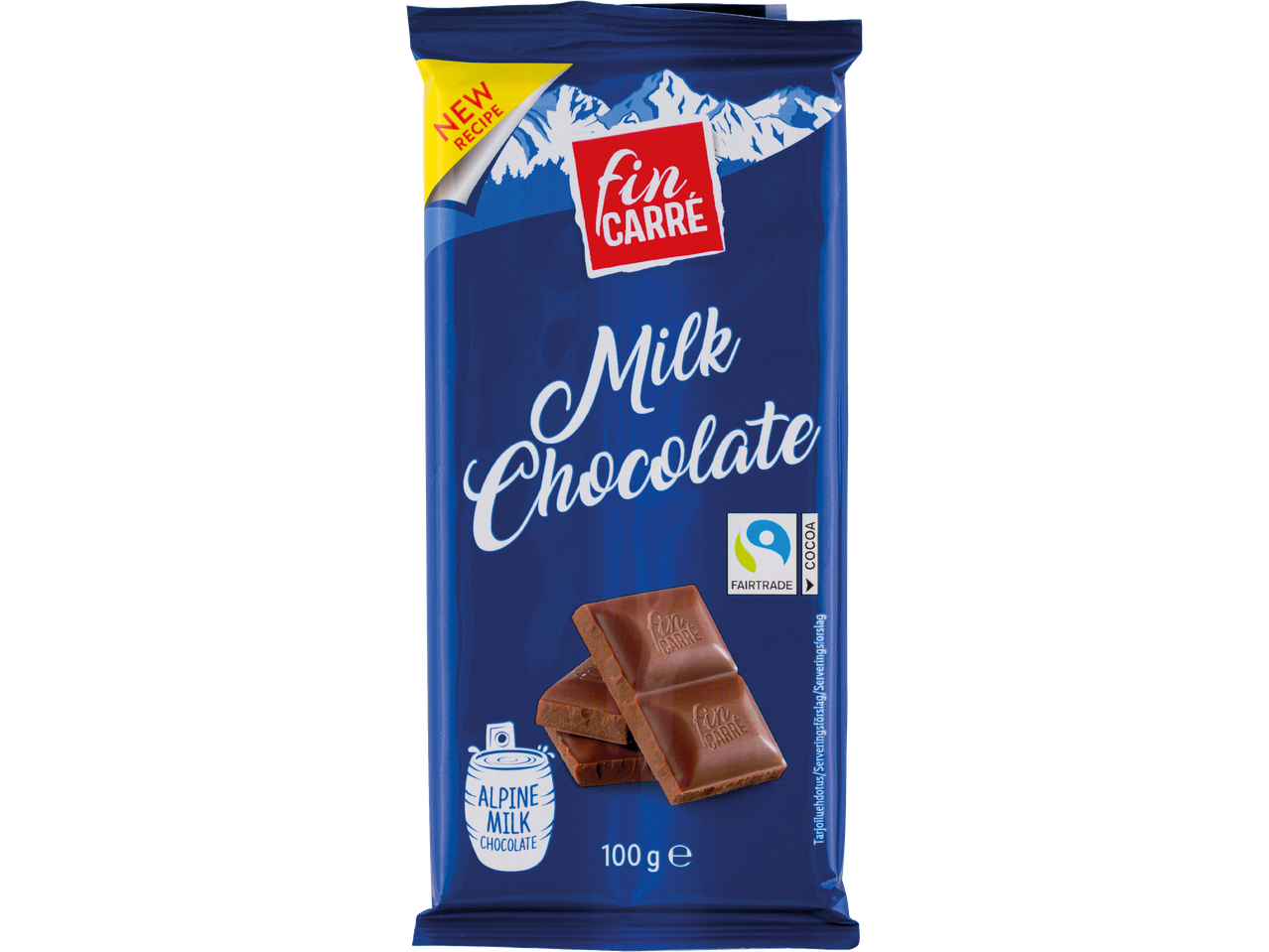 Fin Carré mjölkchokladkaka med texten 'NEW RECIPE' och 'ALPINE MILK CHOCOLATE'.
