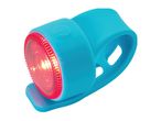 A bright blue silicone bike light with a red LED.