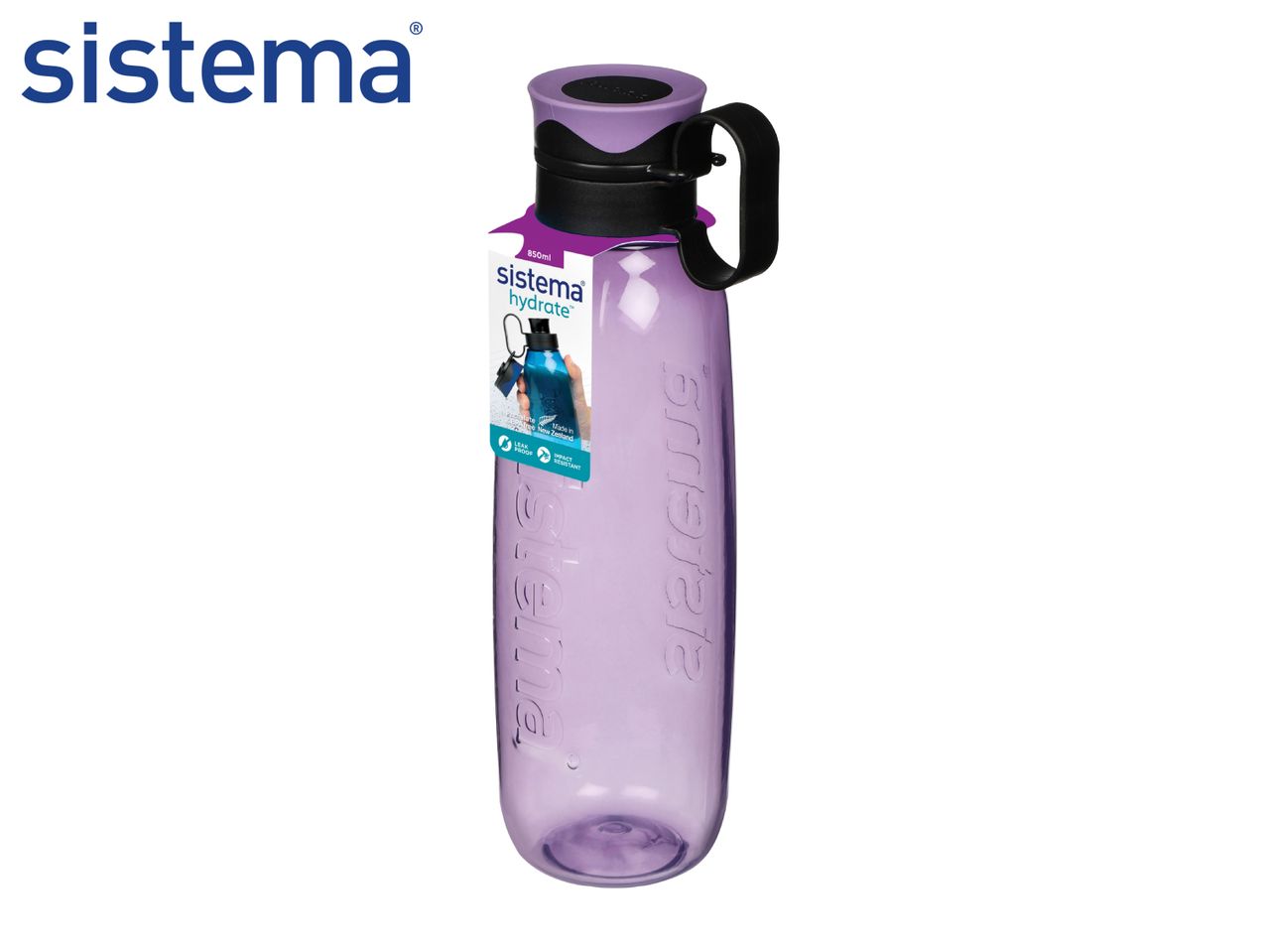 Purple 850ml reusable plastic water bottle with a black carry handle and leak-proof lid