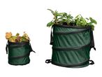 Two green pop-up garden bags, one small with autumn leaves and one large with green branches.
