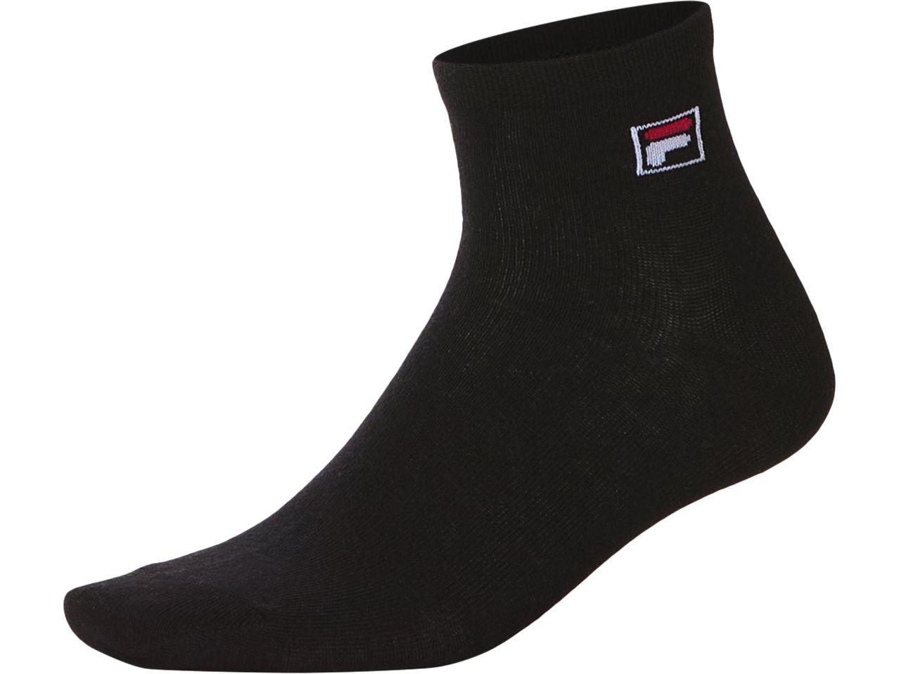 A black Fila ankle sock with the Fila logo on the top.