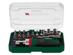 A screwdriver set with various bits and sockets in a clear and green case.