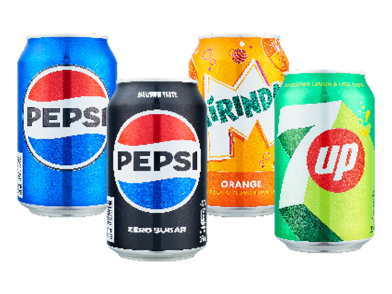 Neli karastusjoogi purki: Pepsi, Pepsi Zero Sugar, Mirinda Orange ja 7UP
