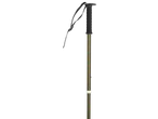 A green walking stick with a black handle and strap.