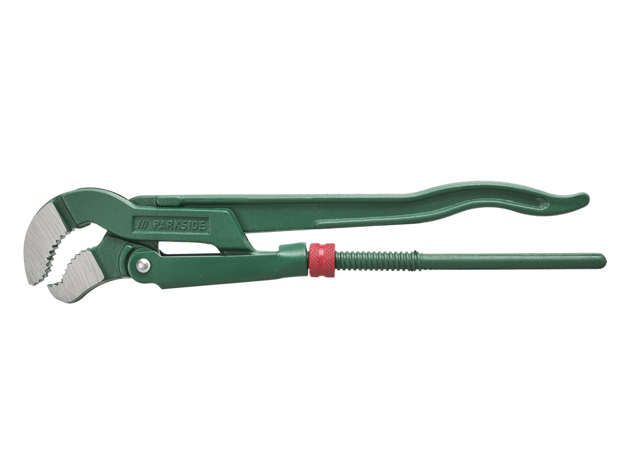A green Parkside pipe wrench with a red adjustment knob.