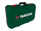 Green tool case with red latches and a black handle, featuring a white logo.