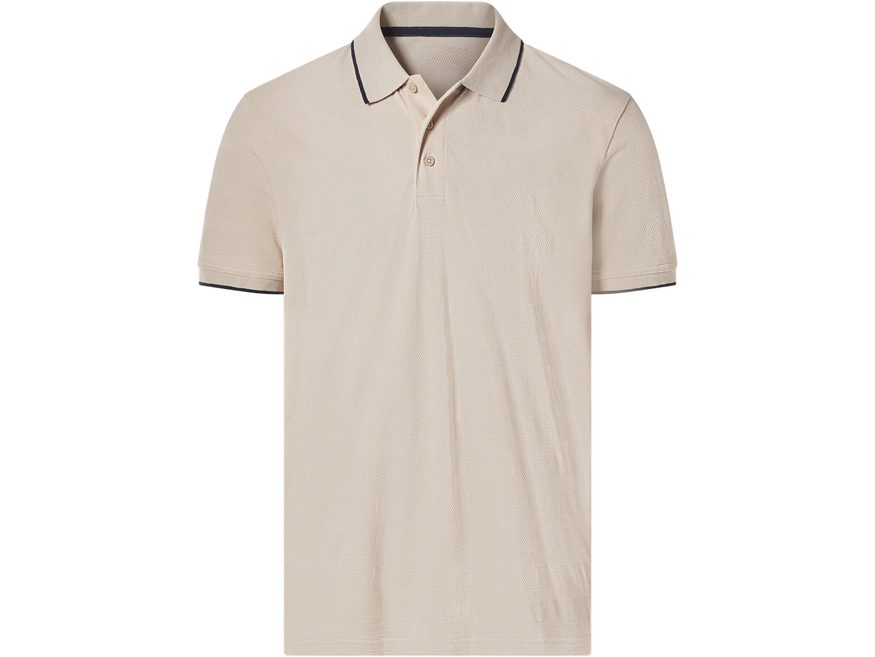 Bézs színű férfi galléros póló, sötétkék szegéllyel a galléron és az ujjakon.