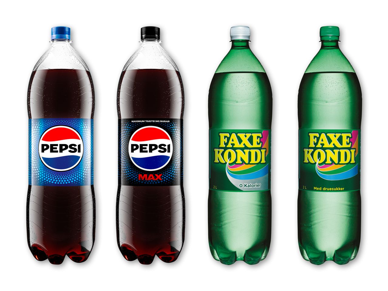 Fire sodavandsflasker: to mørke cola-varianter og to grønne læskedrikke.