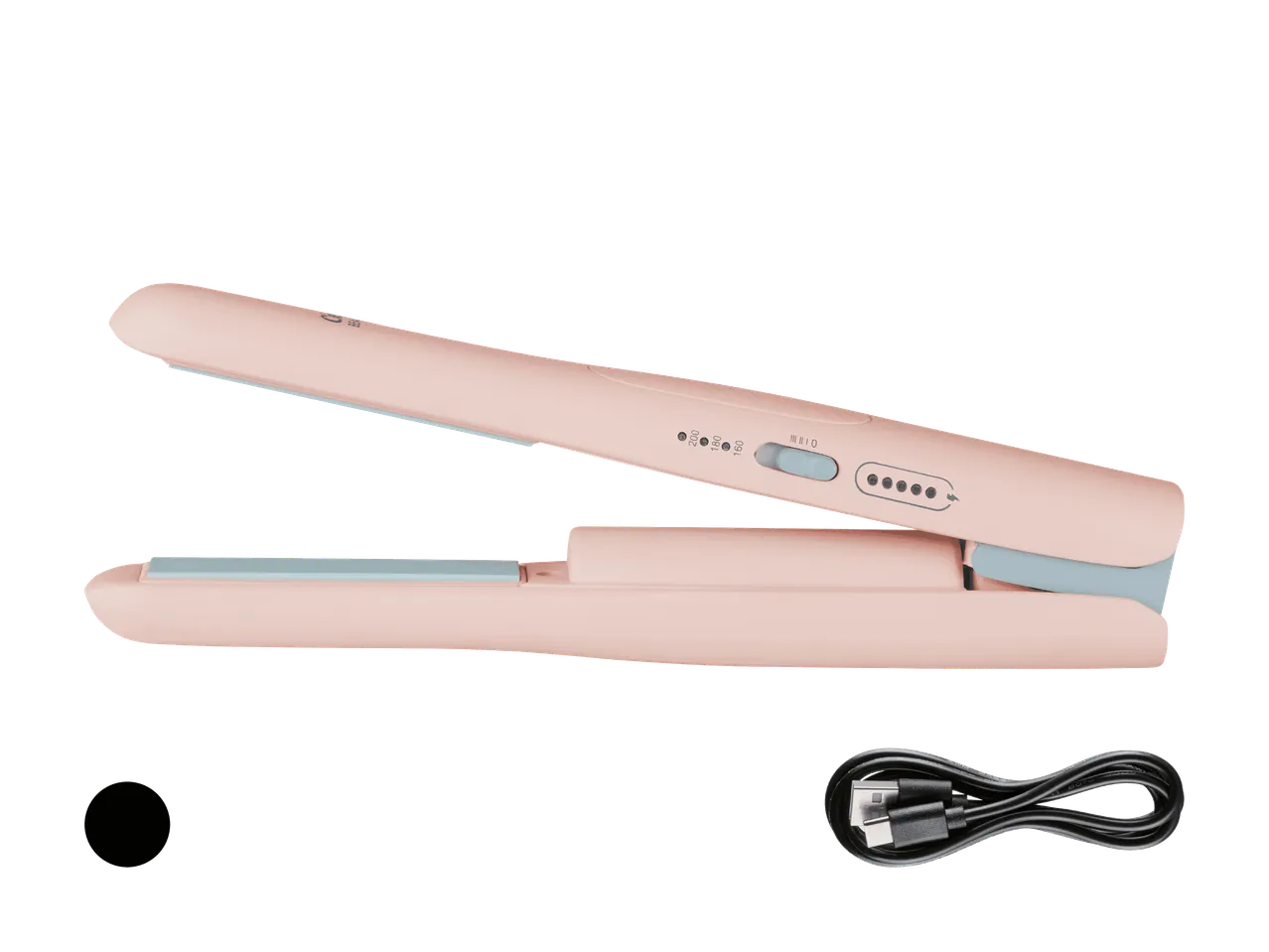 Lisseur à cheveux rose ouvert avec plaques bleues, câble de chargement USB-C noir.