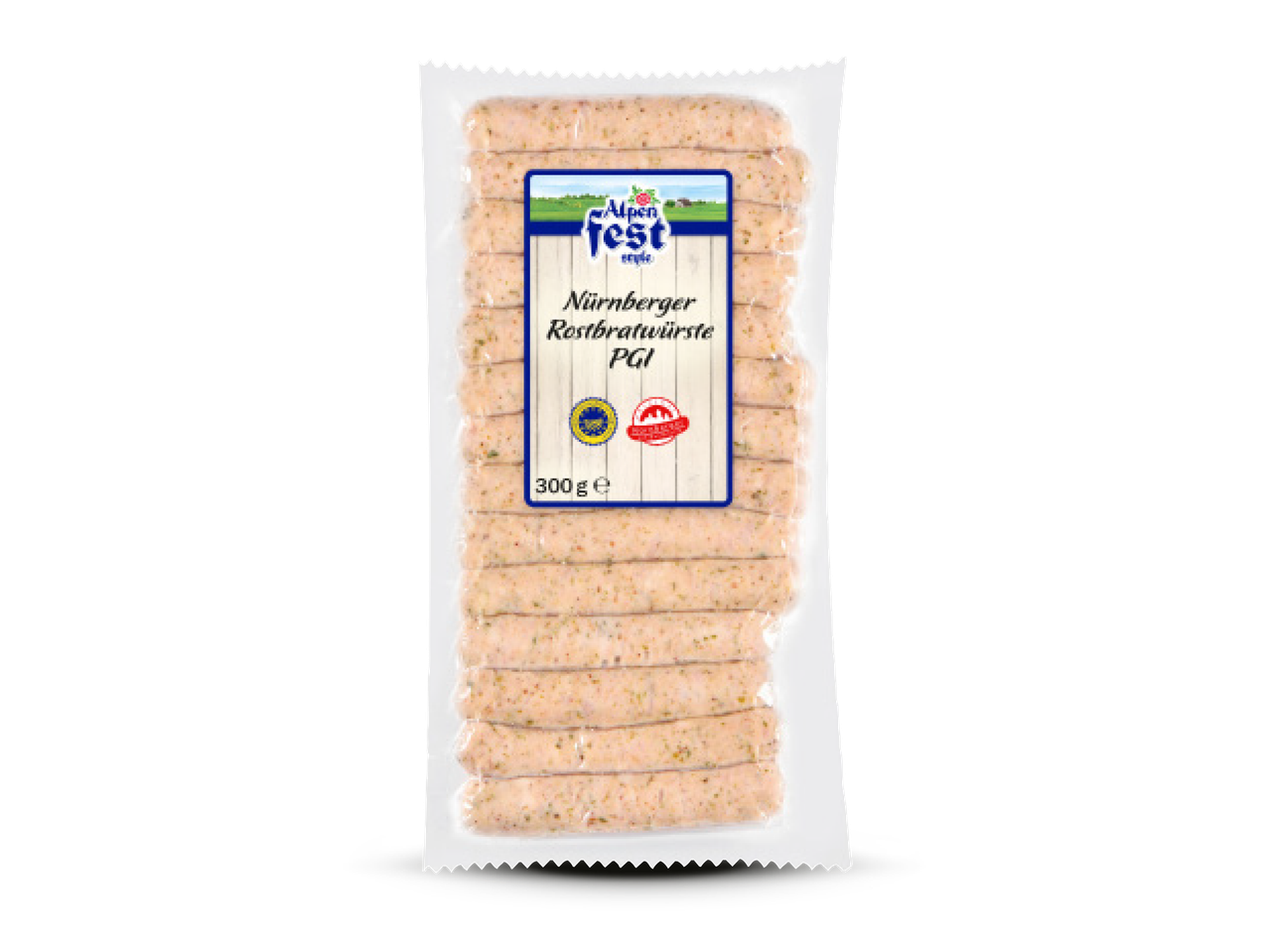 Pakiranje Nürnberger Rostbratwürste kobasica s oznakom PGI i težinom 300 g.