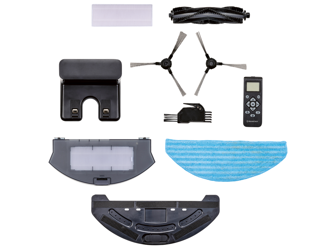 Аксесоари за робот прахосмукачка Silvercrest: филтри, четки, дистанционно, зарядна станция и моп.