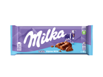 Paarse chocoladereep met bubbels, een koe en bergen, met de tekst 'bubbly Alpine Milk'.
