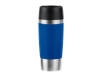 Blue travel mug with a black lid and a coffee-themed design.