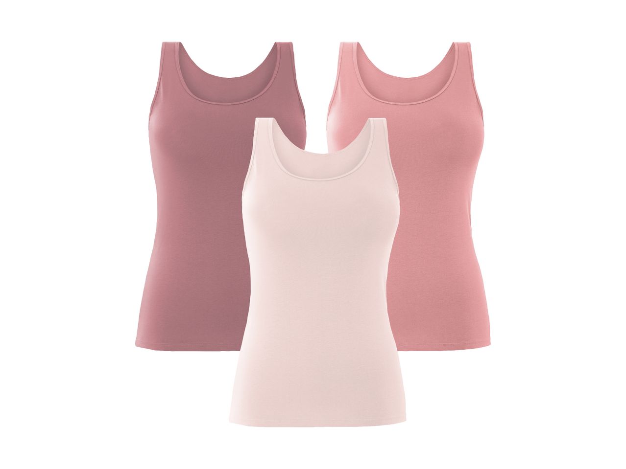 Tre ensfarvede tanktoppe i lyserøde og rosa nuancer.