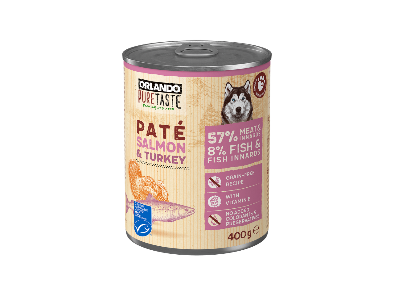 Orlando PureTaste: pateu de somon și curcan pentru câini, fără cereale.