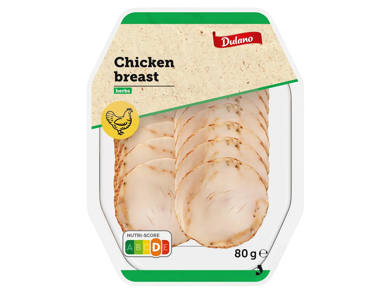 Szeletelt fűszeres csirkemellsonka 80 g-os kiszerelésben.