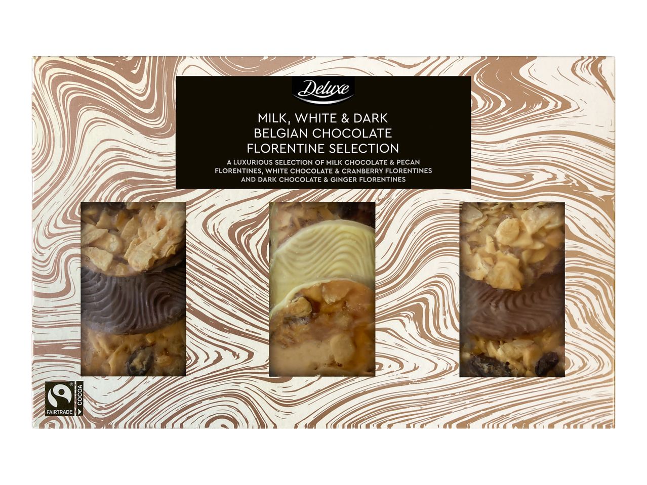 A box of milk, white, and dark Belgian chocolate Florentine selection, with a Fairtrade cocoa logo.