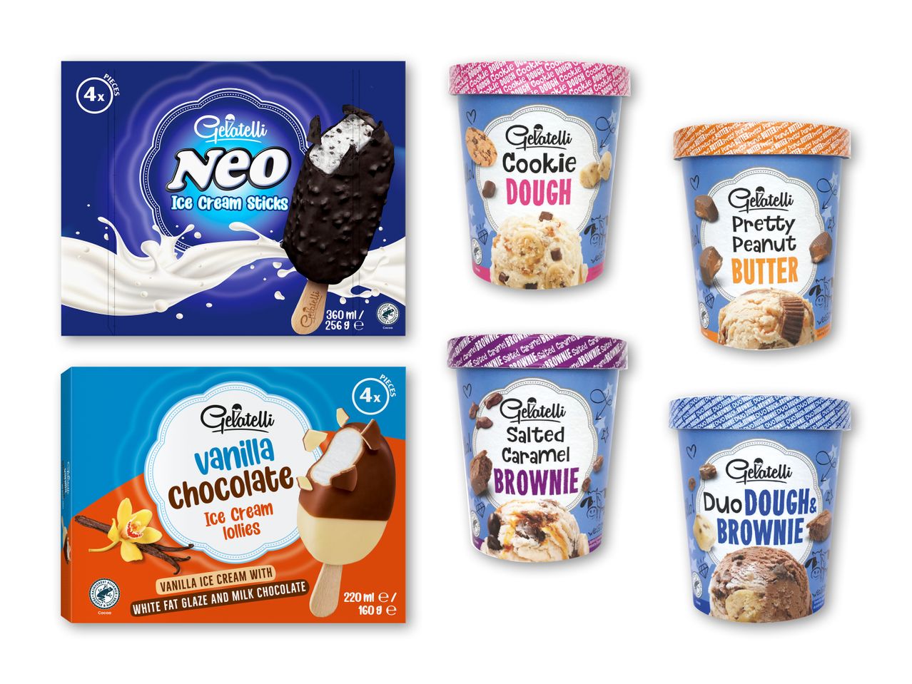 Forskellige isprodukter, herunder isvafler og isbægre med smag som cookie dough og brownie.