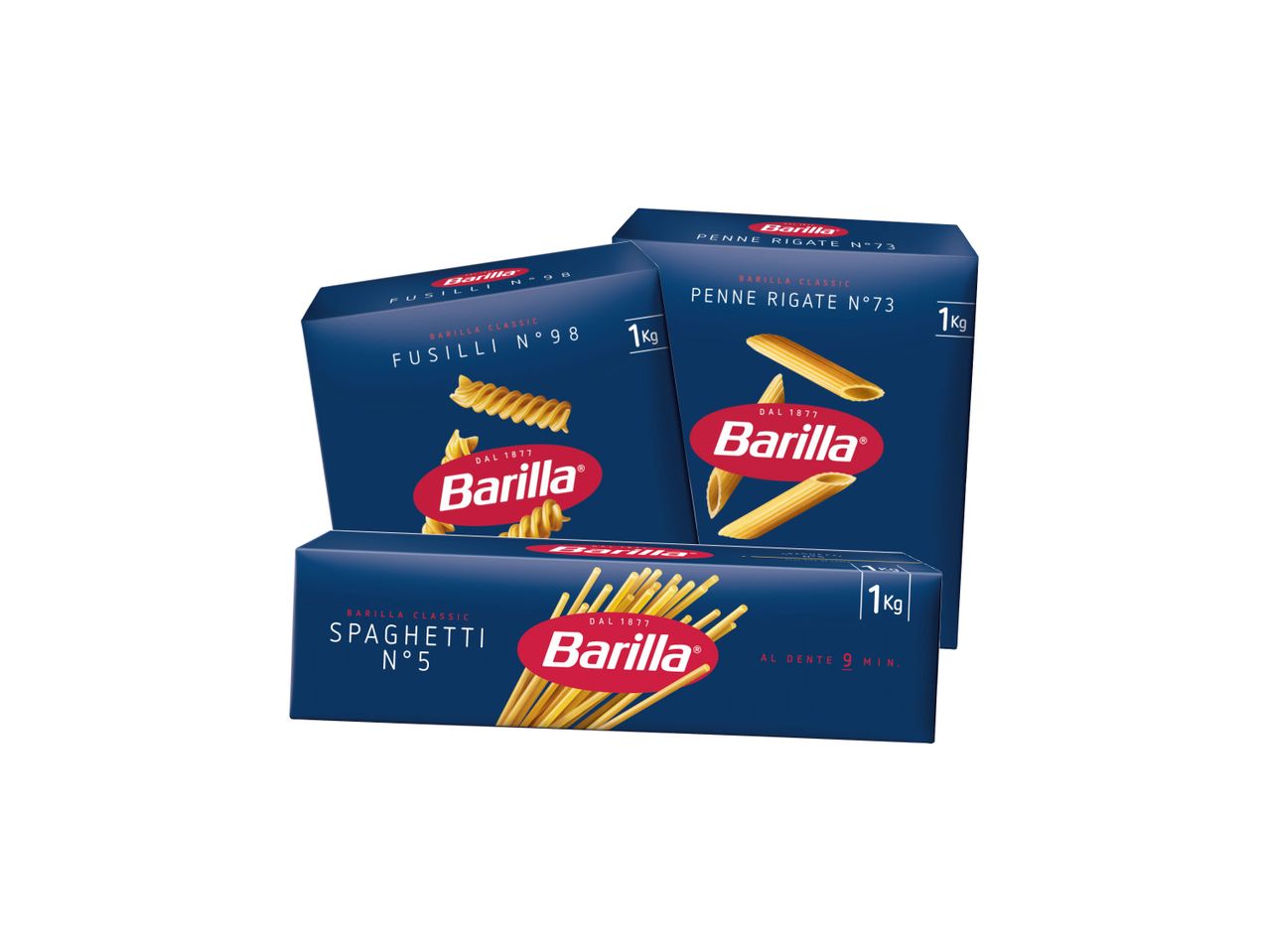Tri pakovanja testenine Barilla: fusili, penne i špagete.