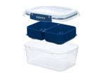 Three-piece plastic lunch box with a blue divided tray and a clip-on lid
