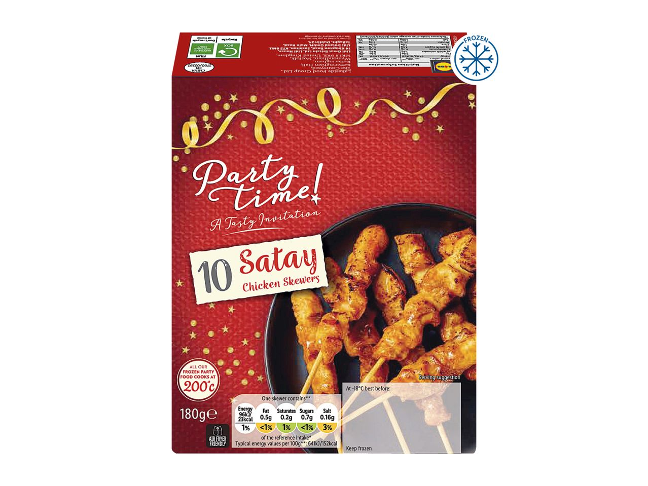 Lidl Party Time 10 Satay Chicken Skewers, frozen, with nutritional information and cooking instructions.