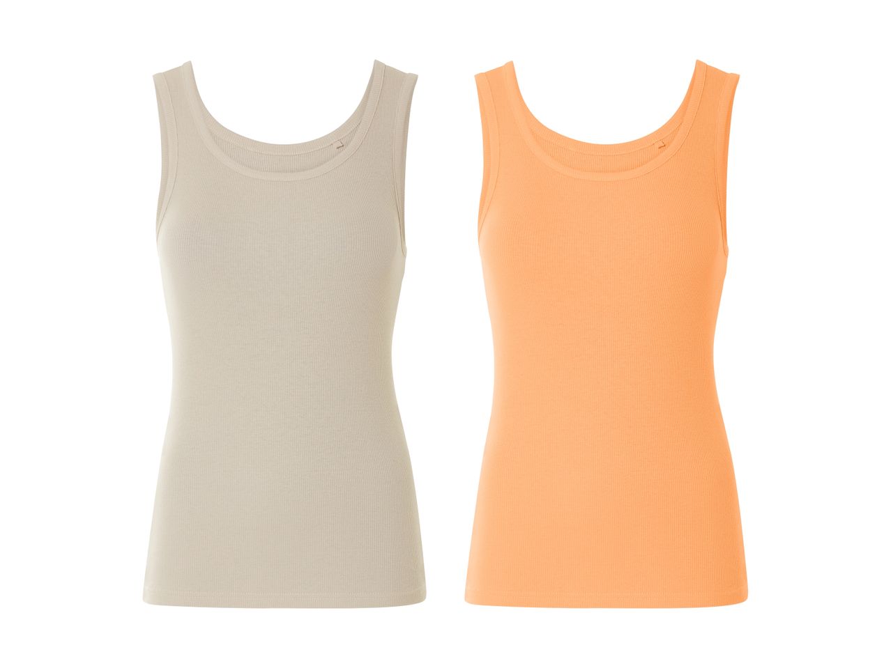 To rib-strik tanktops i beige og orange.