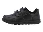 Black children's school shoe with two hook-and-loop fasteners.