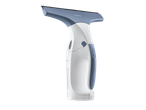 White and blue handheld window vacuum cleaner with a squeegee head.