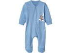 Blue baby sleepsuit with a bear and fox graphic