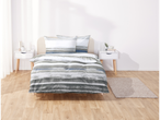 Grey and blue striped bedding set.